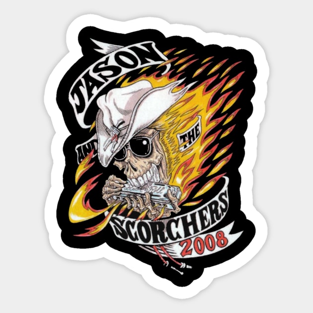 JASON AND THE SCORCHERS 2008 TOUR jason, scorchers, skull, tour shirt, 2008, fire, burn, Sticker by bewokk